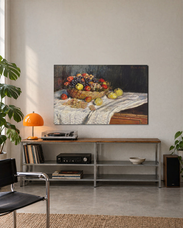 Apples and Grapes on Linen glass wall art, lifestyle view