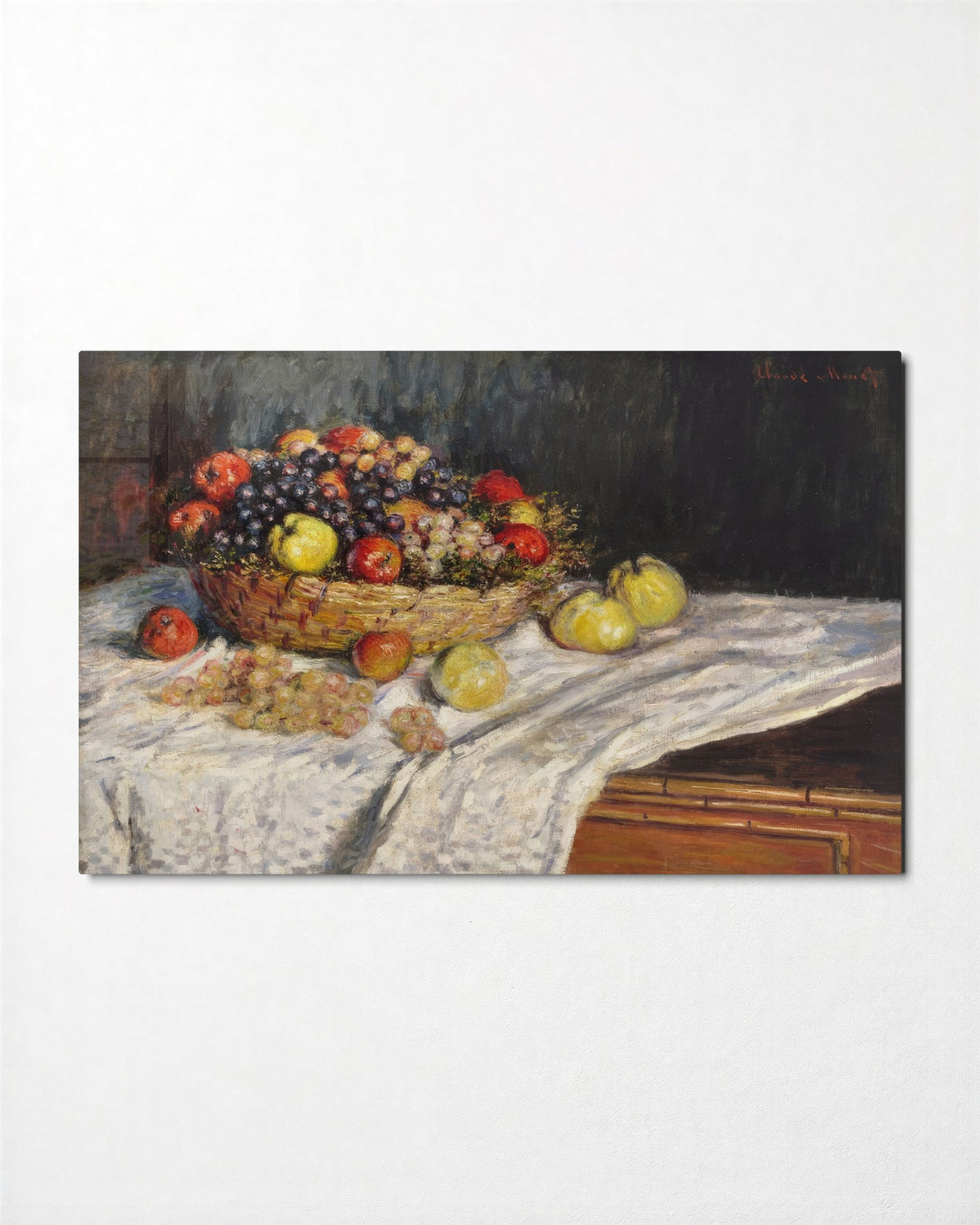 Apples and Grapes on Linen glass wall art, front view