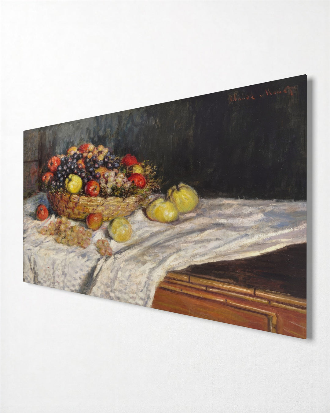 Apples and Grapes on Linen glass wall art, side view