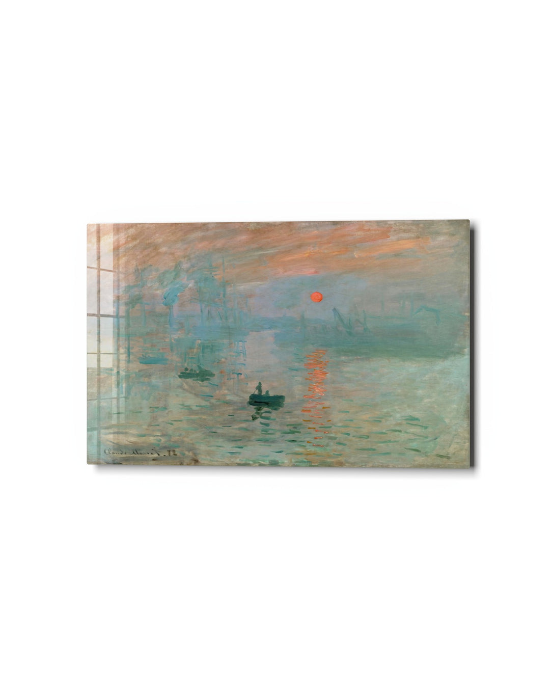 Harbor Sunrise in Haze glass wall art, studio view