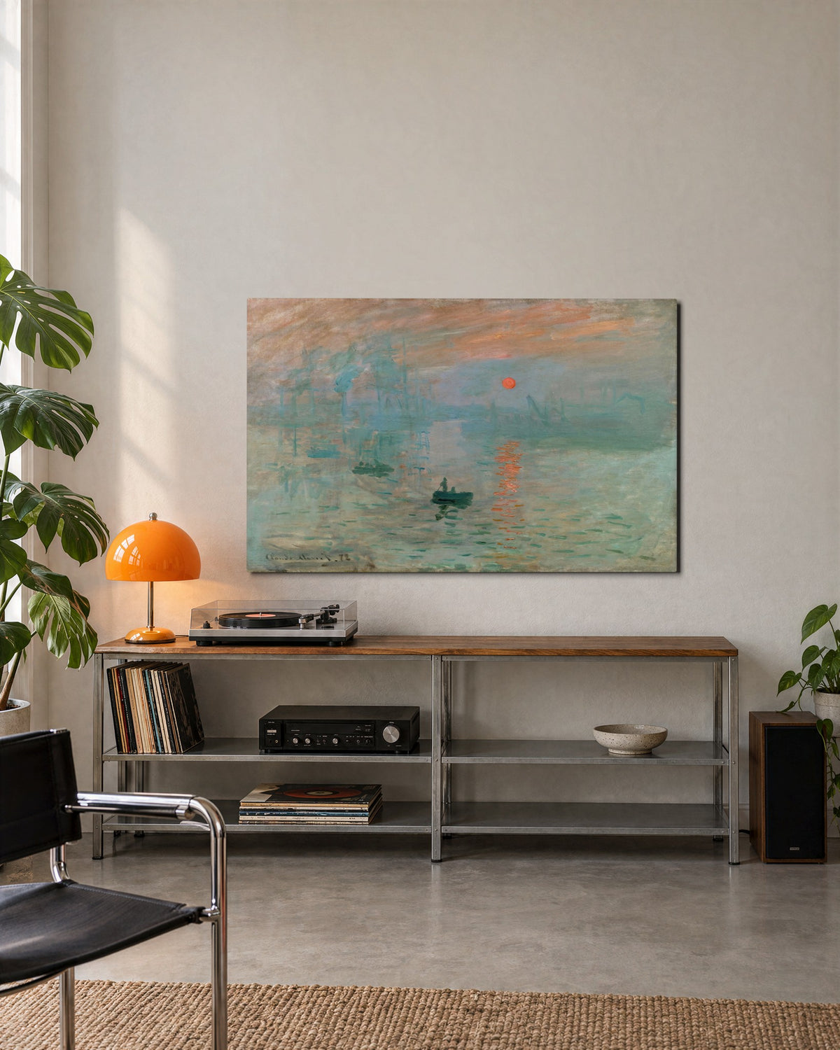 Harbor Sunrise in Haze glass wall art, lifestyle view