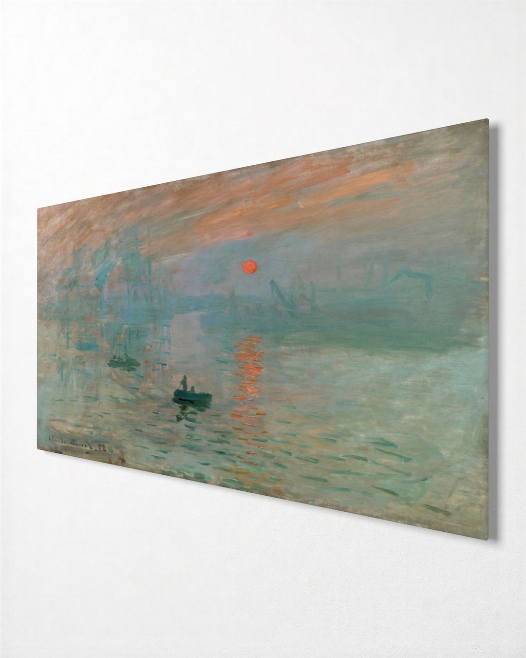 Harbor Sunrise in Haze glass wall art, side view