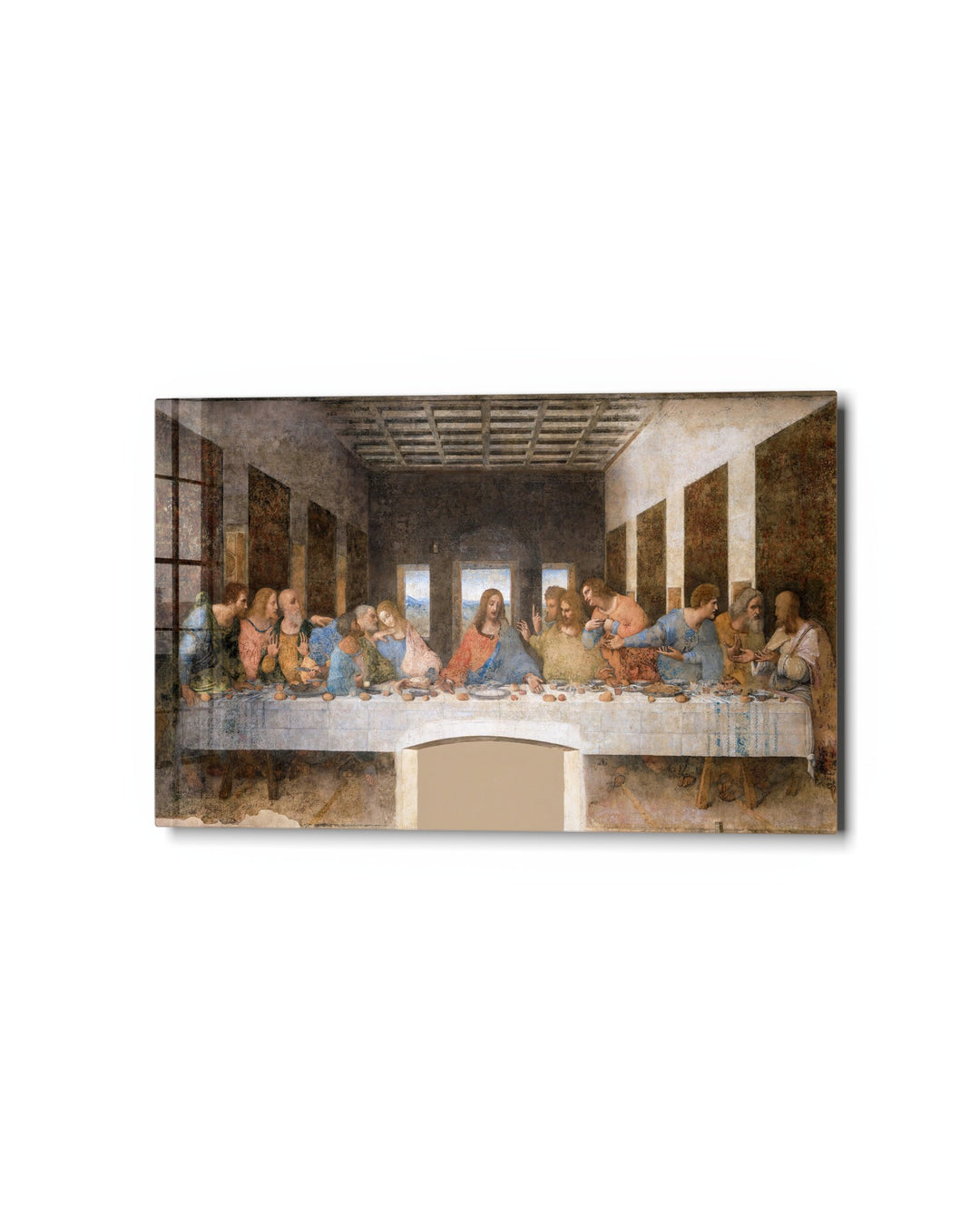 The Long Supper Table glass wall art, studio view