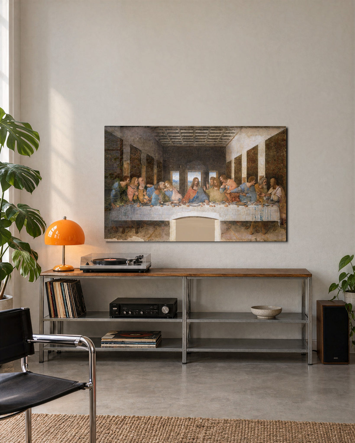 The Long Supper Table glass wall art, lifestyle view