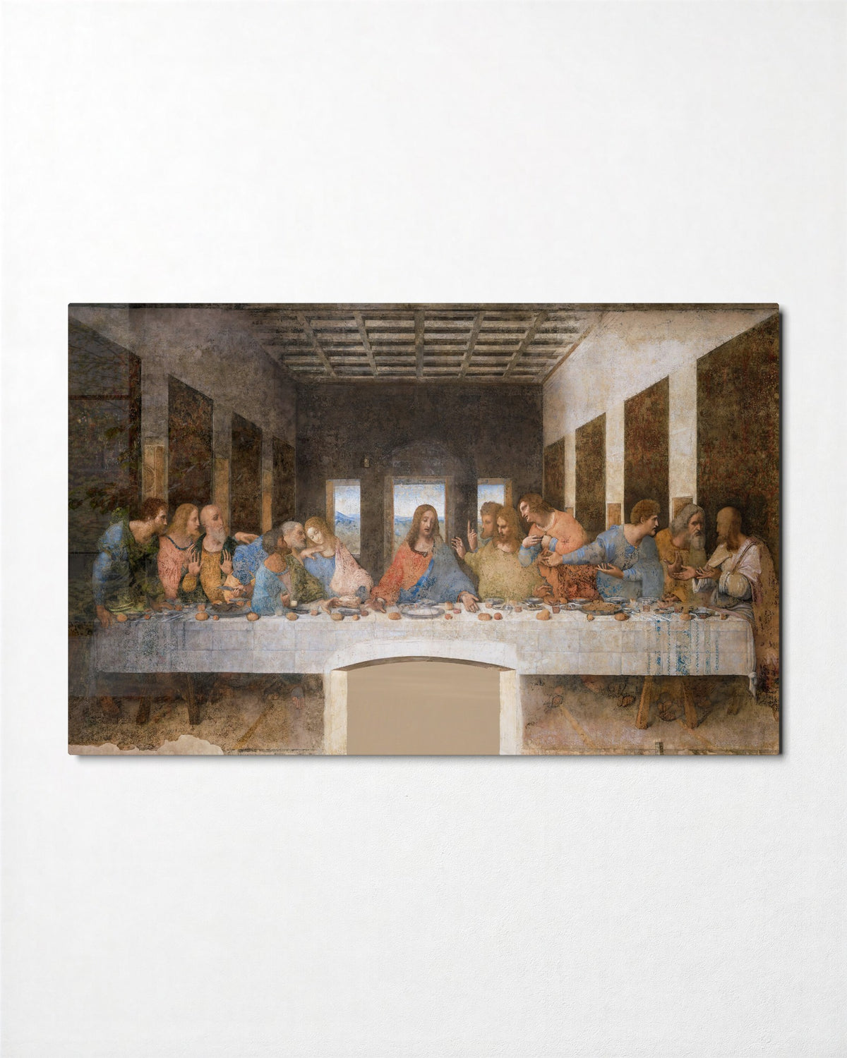 The Long Supper Table glass wall art, front view