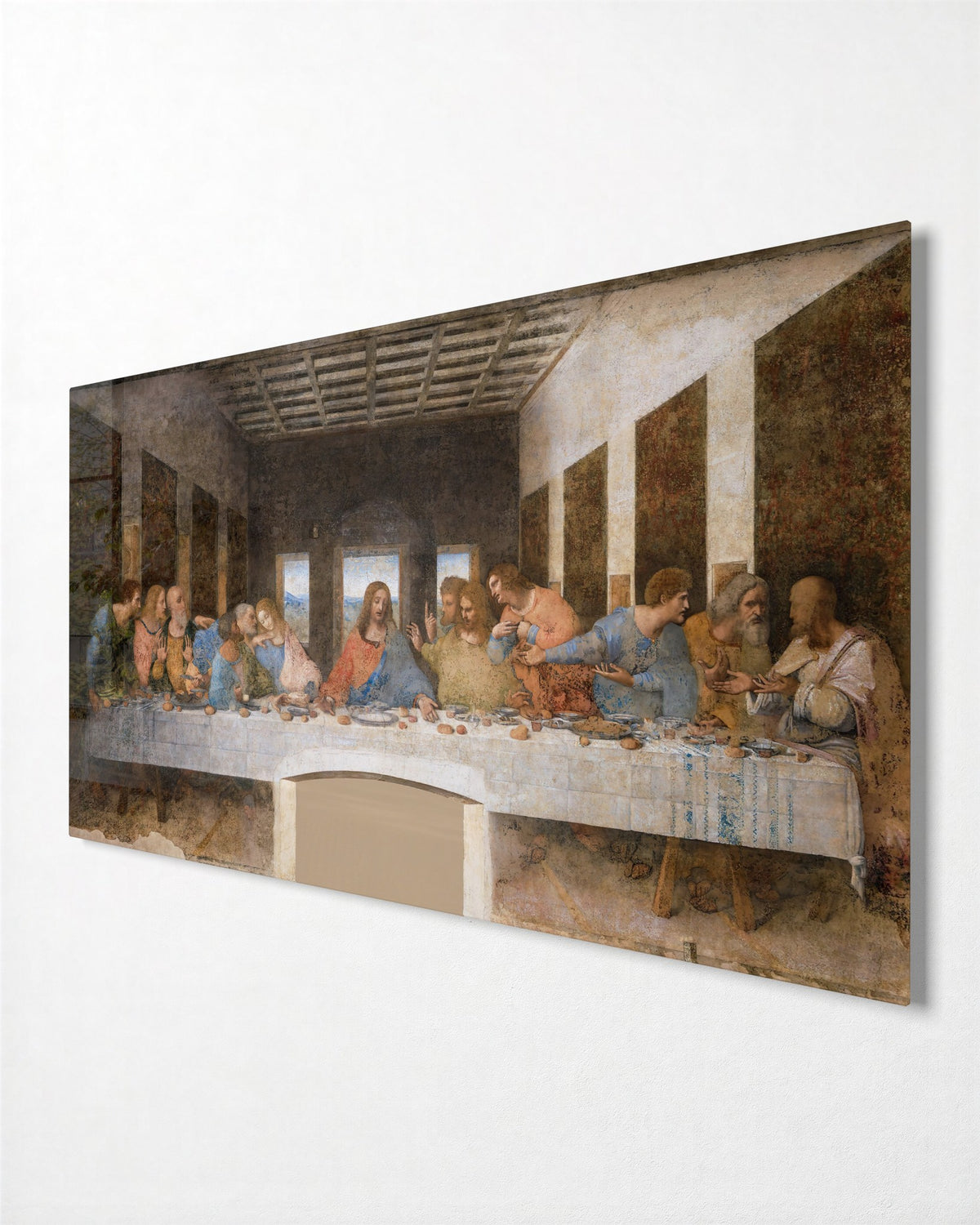 The Long Supper Table glass wall art, side view