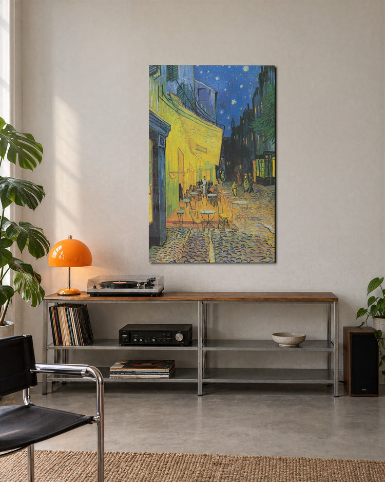 Café Terrace at Night glass wall art, lifestyle view