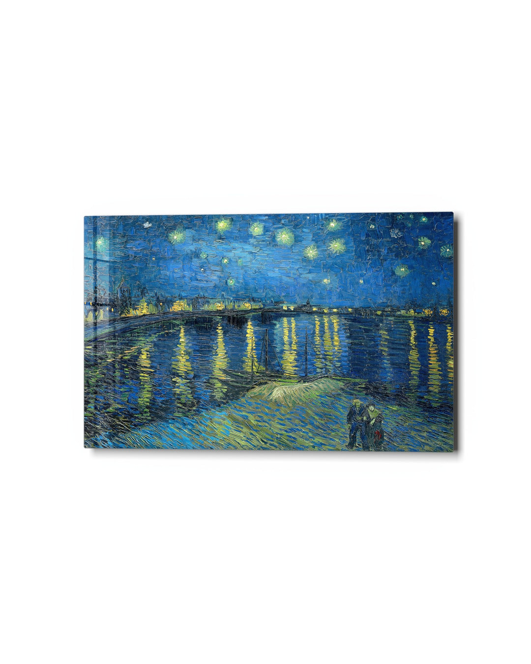 Starry Night on the River glass wall art, studio view