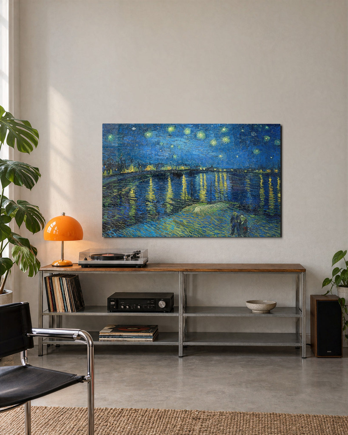 Starry Night on the River glass wall art, lifestyle view