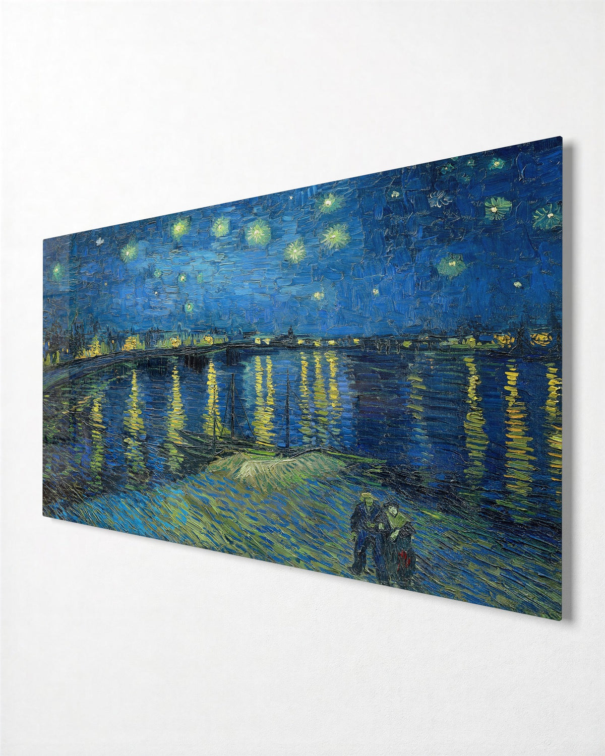 Starry Night on the River glass wall art, side view