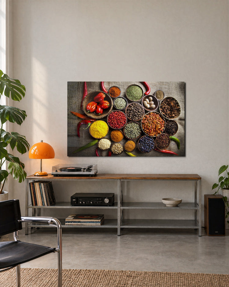 Spice Circle on Burlap glass wall art, lifestyle view
