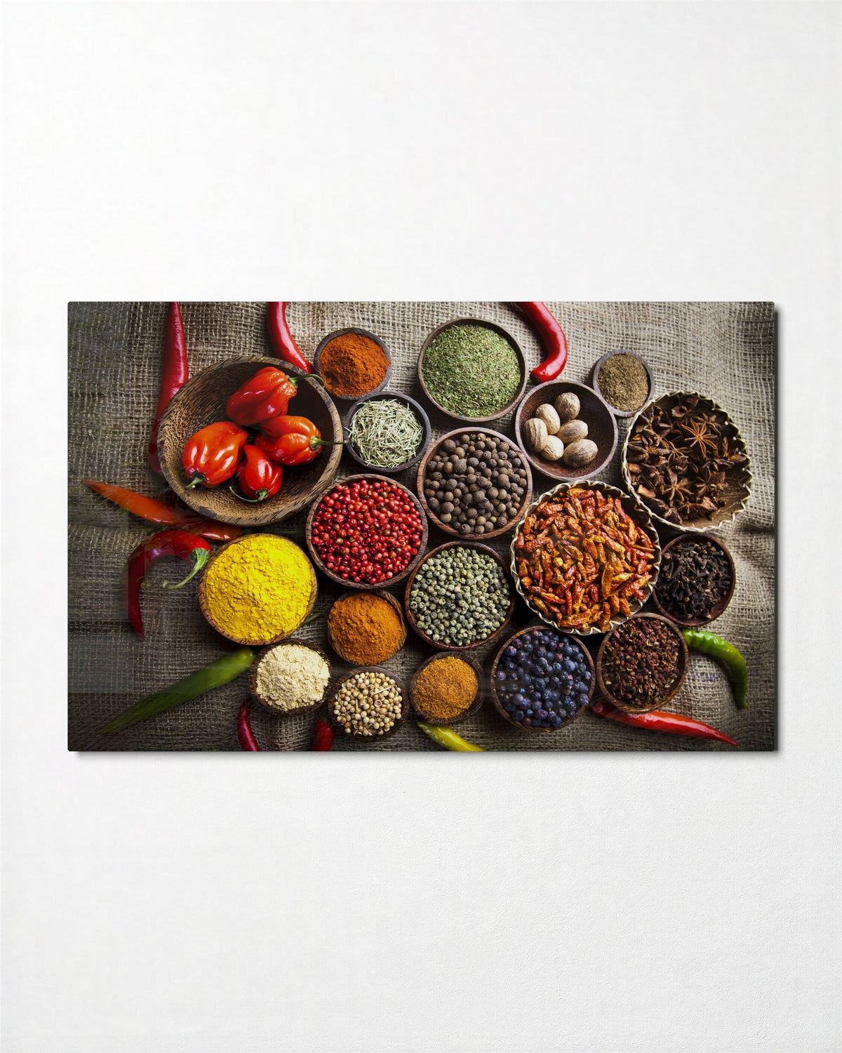 Spice Circle on Burlap glass wall art, front view