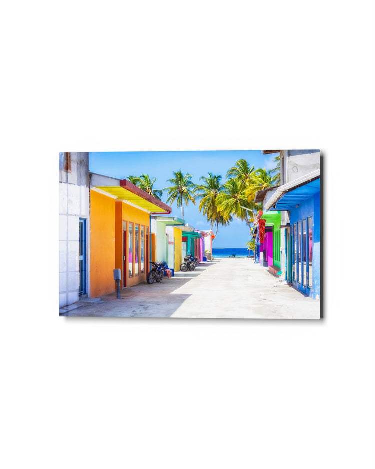 Candy-Colored Beach Lane glass wall art, studio view