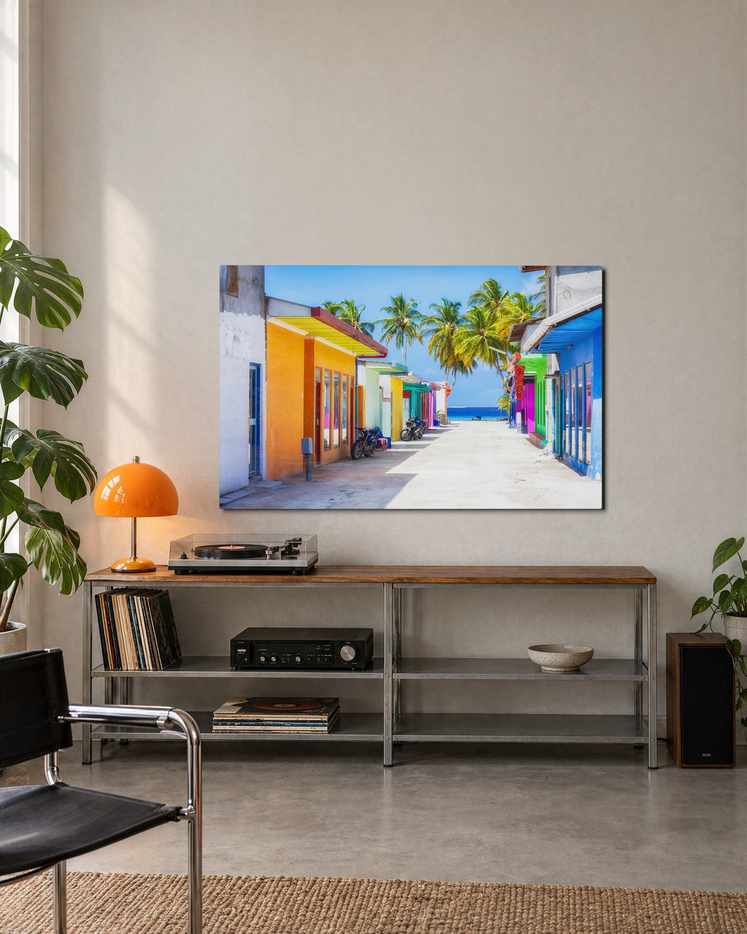 Candy-Colored Beach Lane glass wall art, lifestyle view