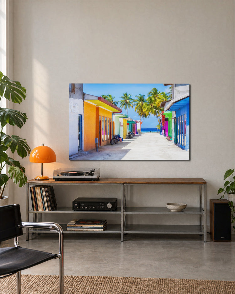 Candy-Colored Beach Lane glass wall art, lifestyle view