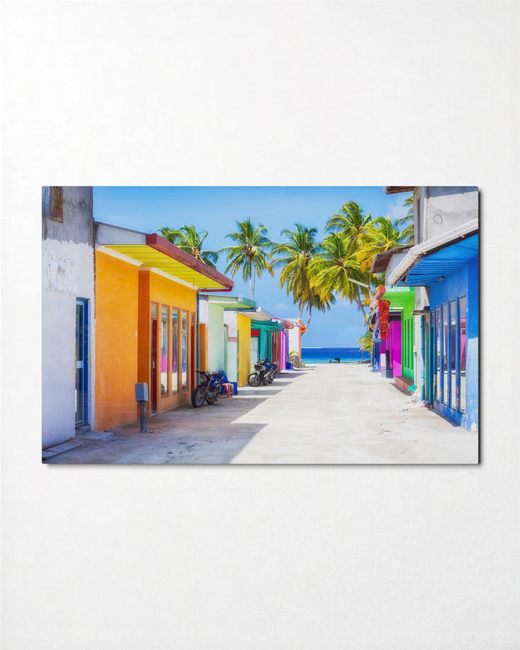 Candy-Colored Beach Lane glass wall art, front view