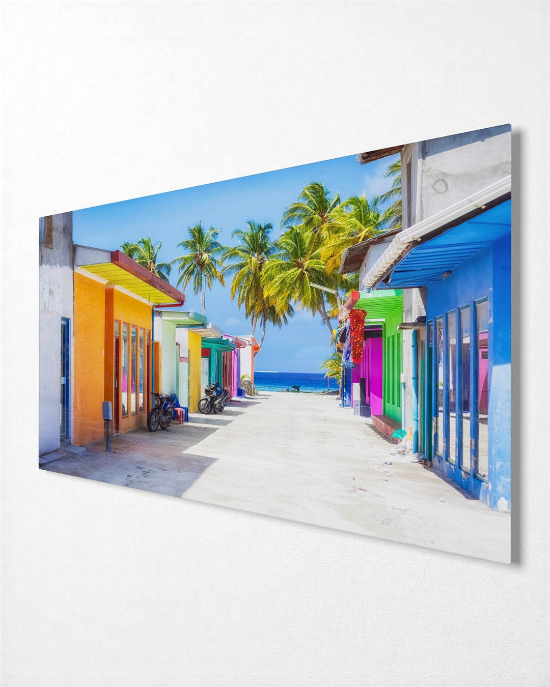 Candy-Colored Beach Lane glass wall art, side view