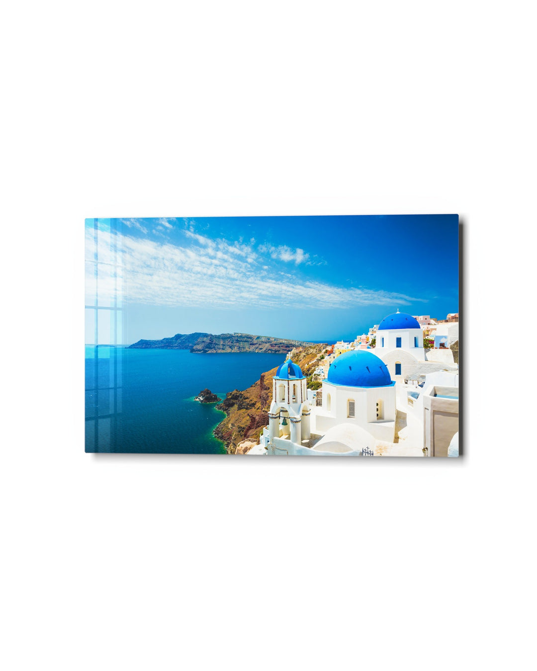 Blue Domes Over the Caldera glass wall art, studio view