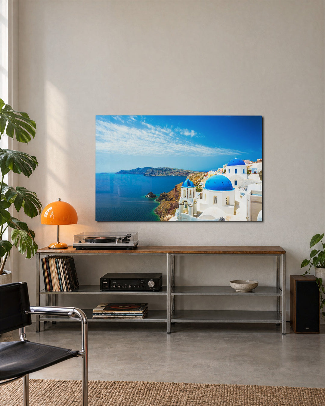 Blue Domes Over the Caldera glass wall art, lifestyle view