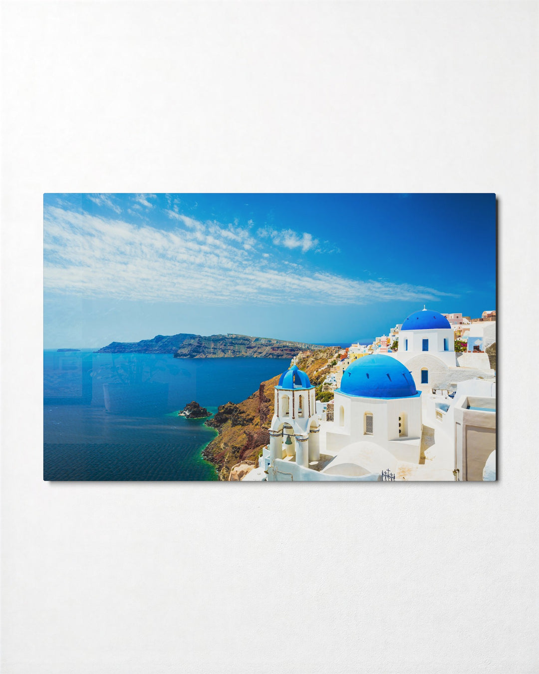 Blue Domes Over the Caldera glass wall art, front view