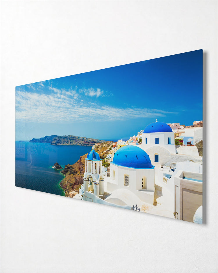 Blue Domes Over the Caldera glass wall art, side view