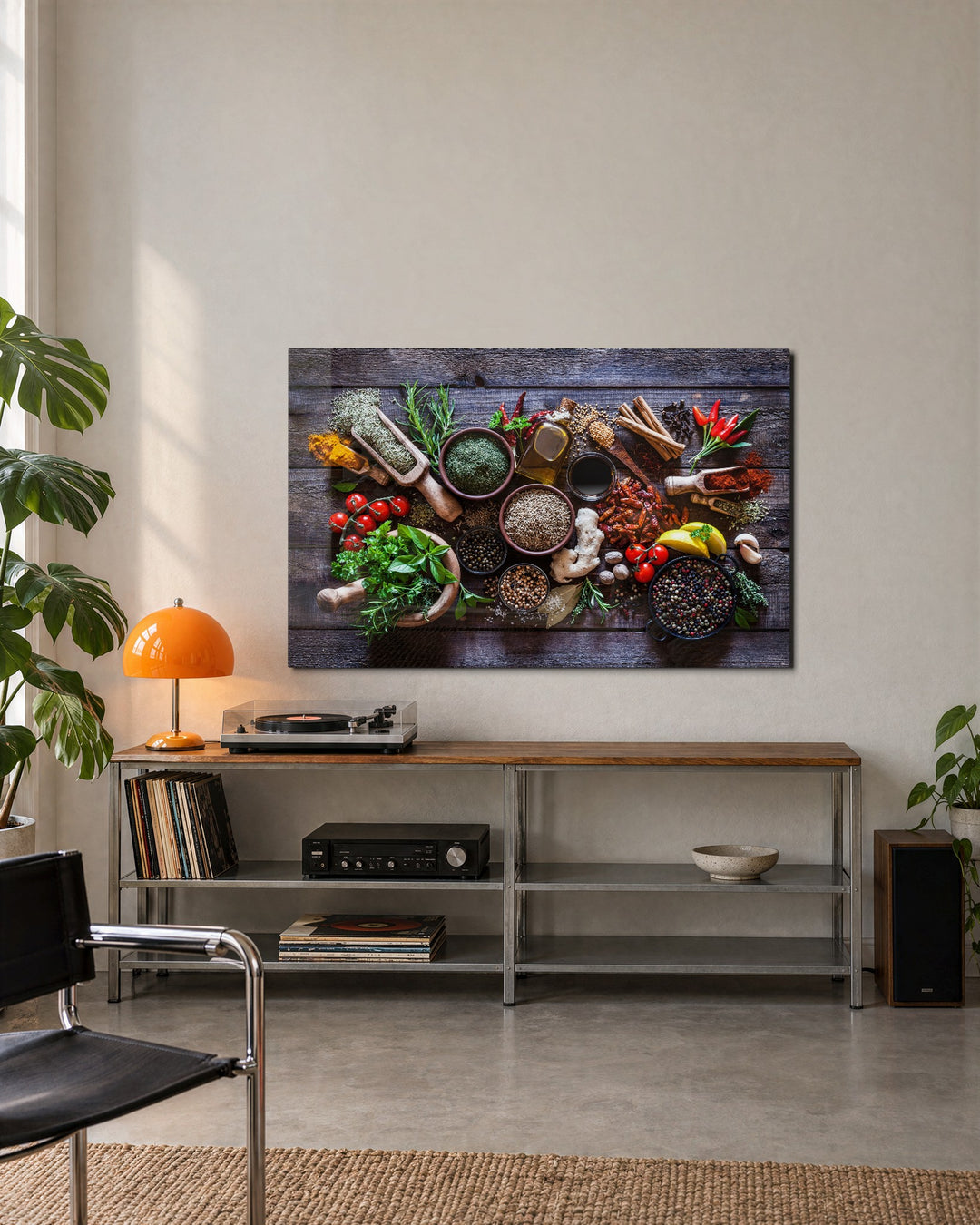 Spice Bowls on Wood glass wall art, lifestyle view