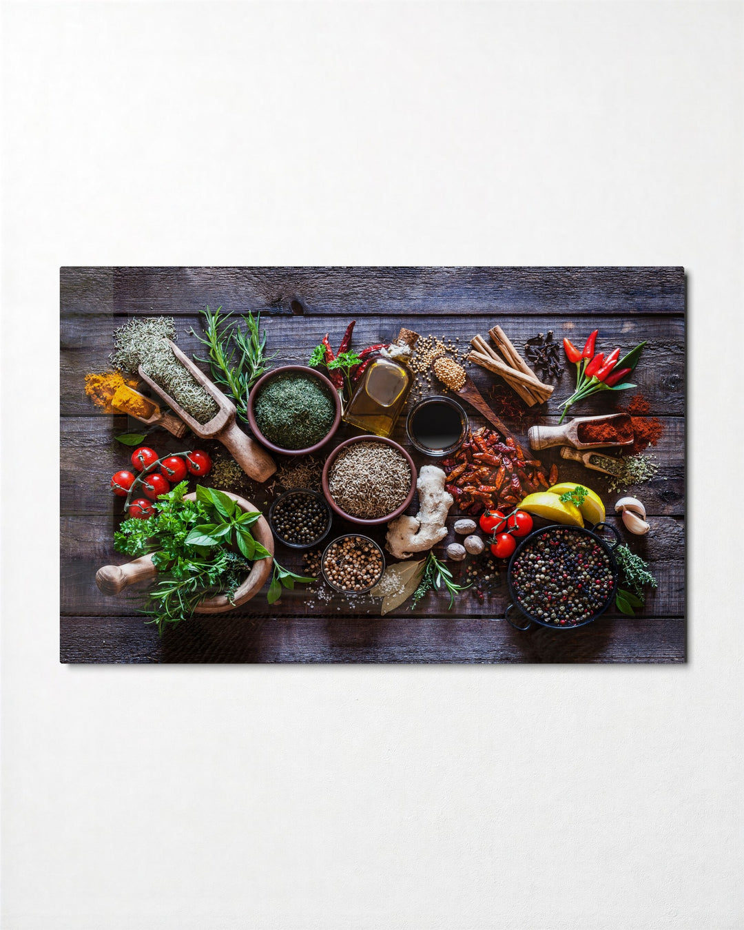 Spice Bowls on Wood glass wall art, front view