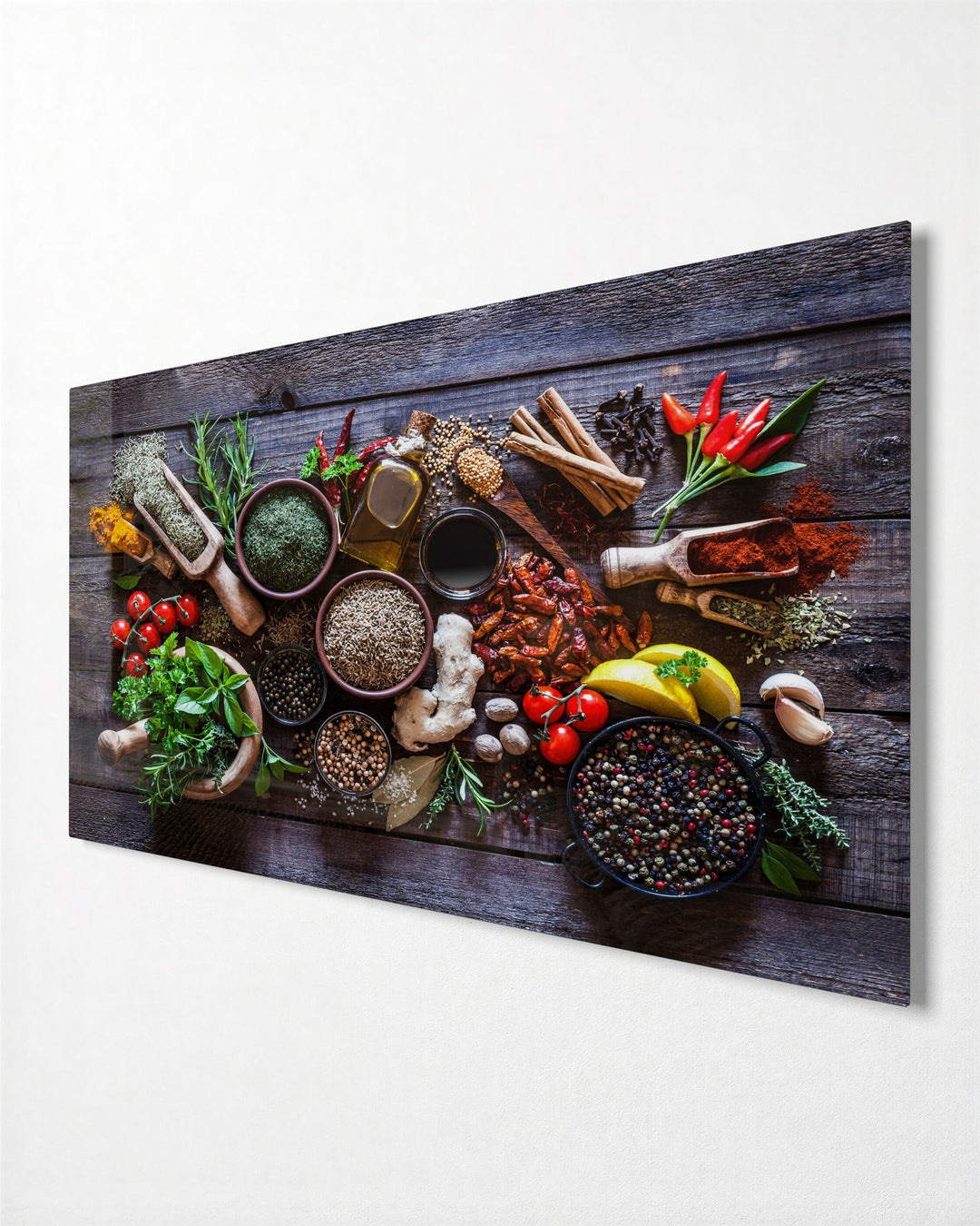 Spice Bowls on Wood glass wall art, side view