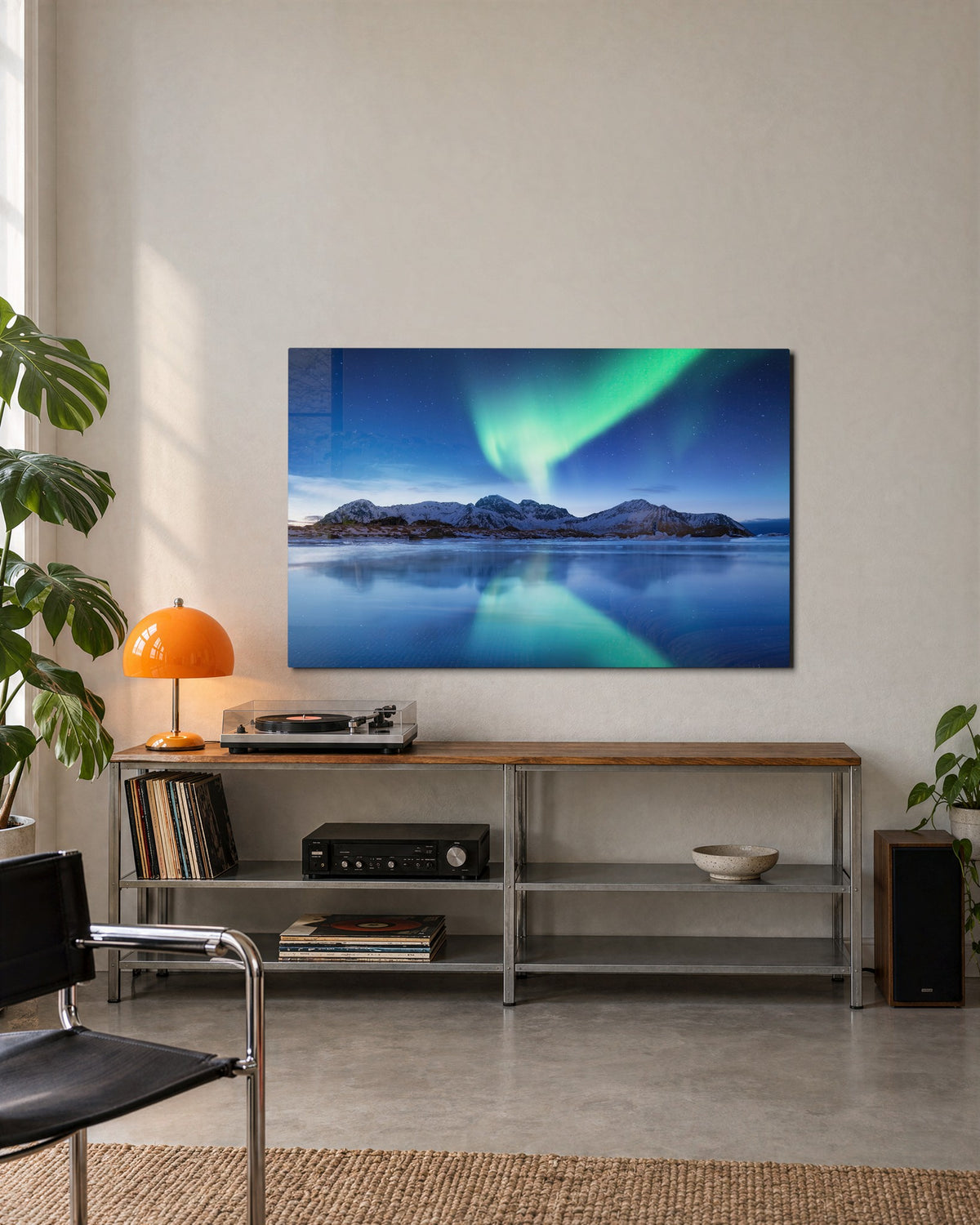 Aurora Over a Mirror Lake glass wall art, lifestyle view