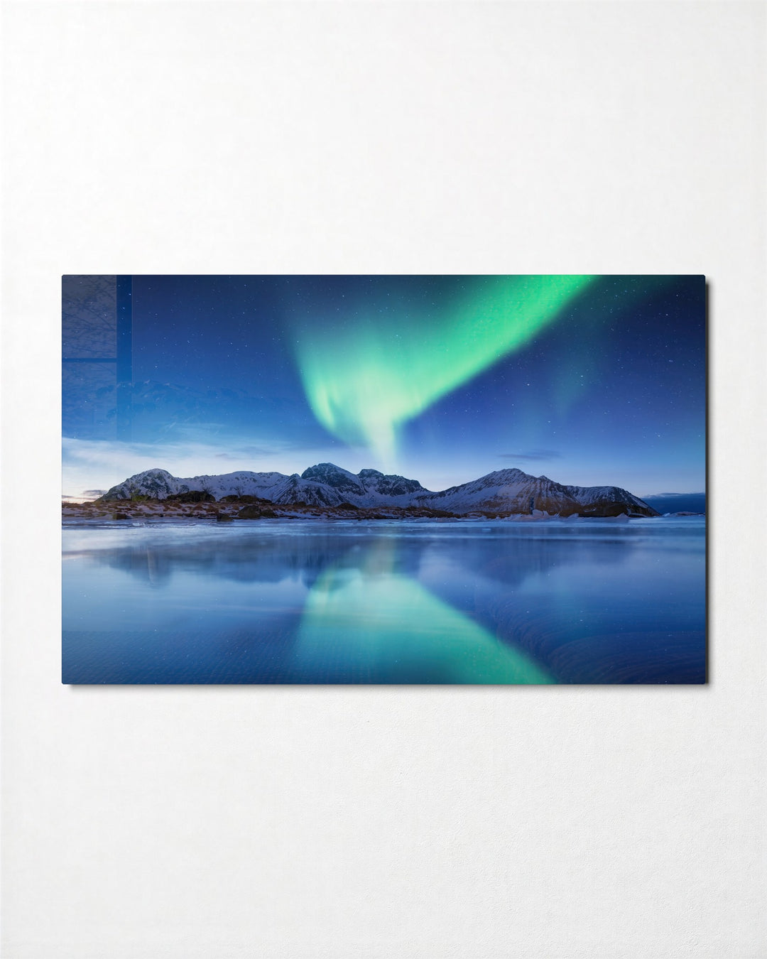 Aurora Over a Mirror Lake glass wall art, front view