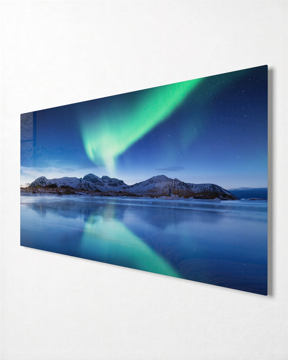 Aurora Over a Mirror Lake glass wall art, side view