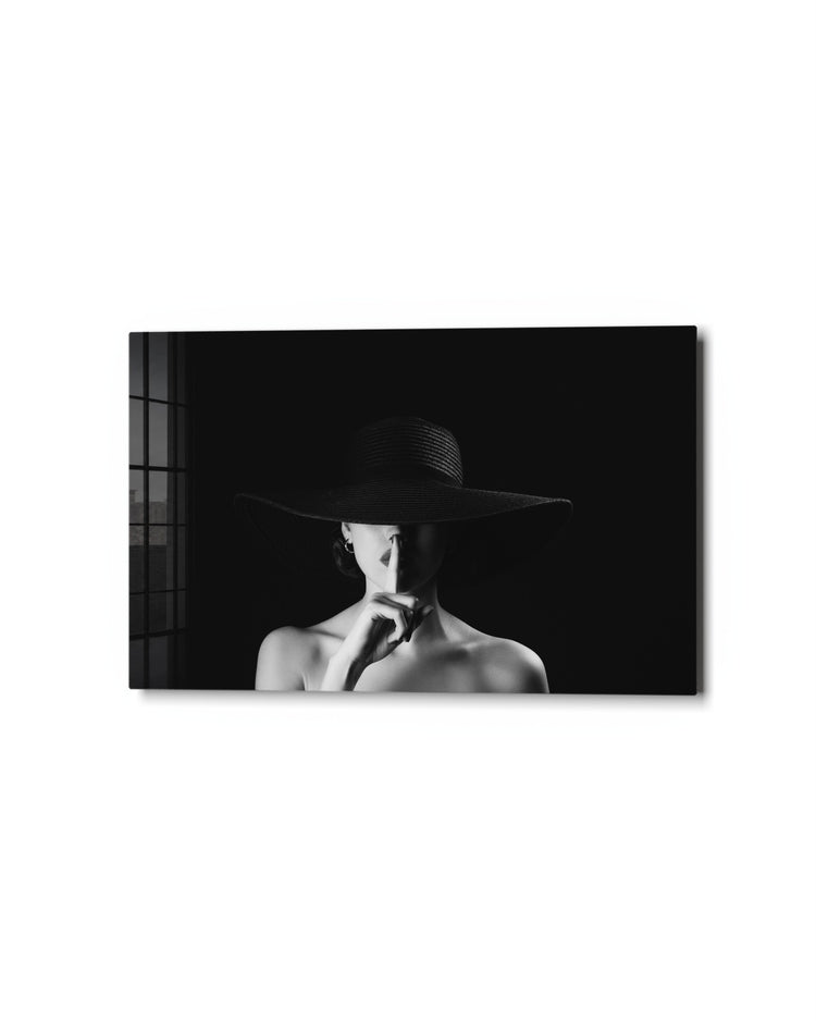 Hush in a Wide Hat glass wall art, studio view