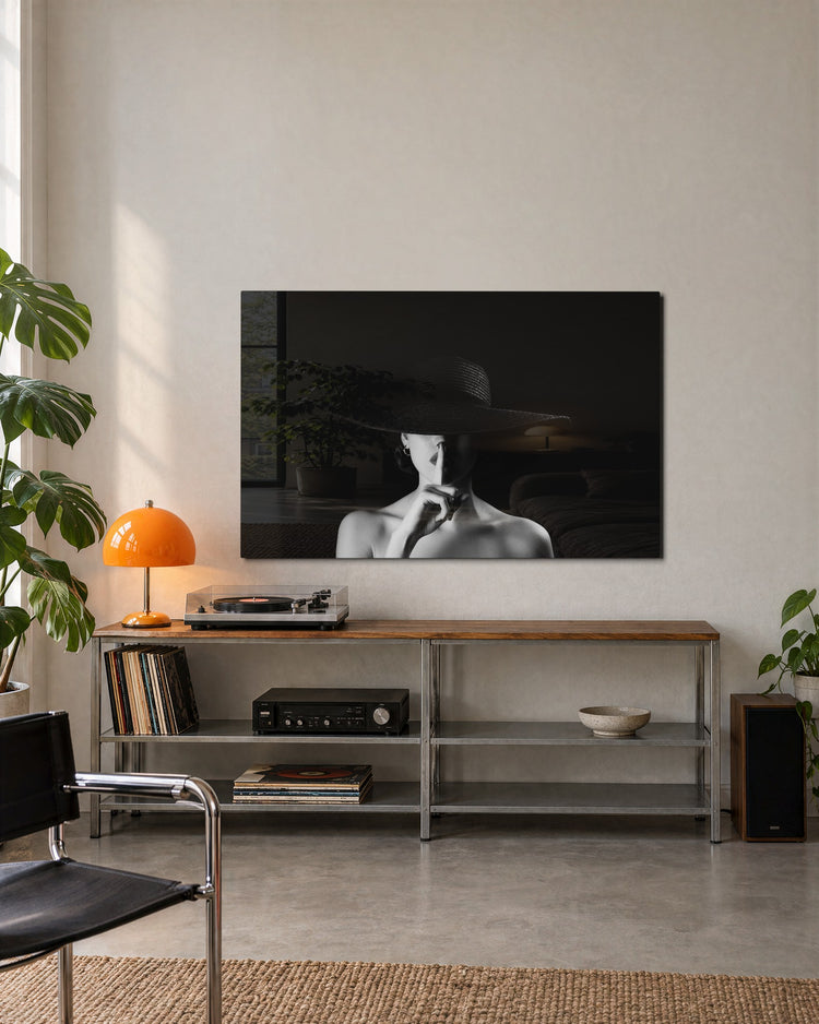 Hush in a Wide Hat glass wall art, lifestyle view