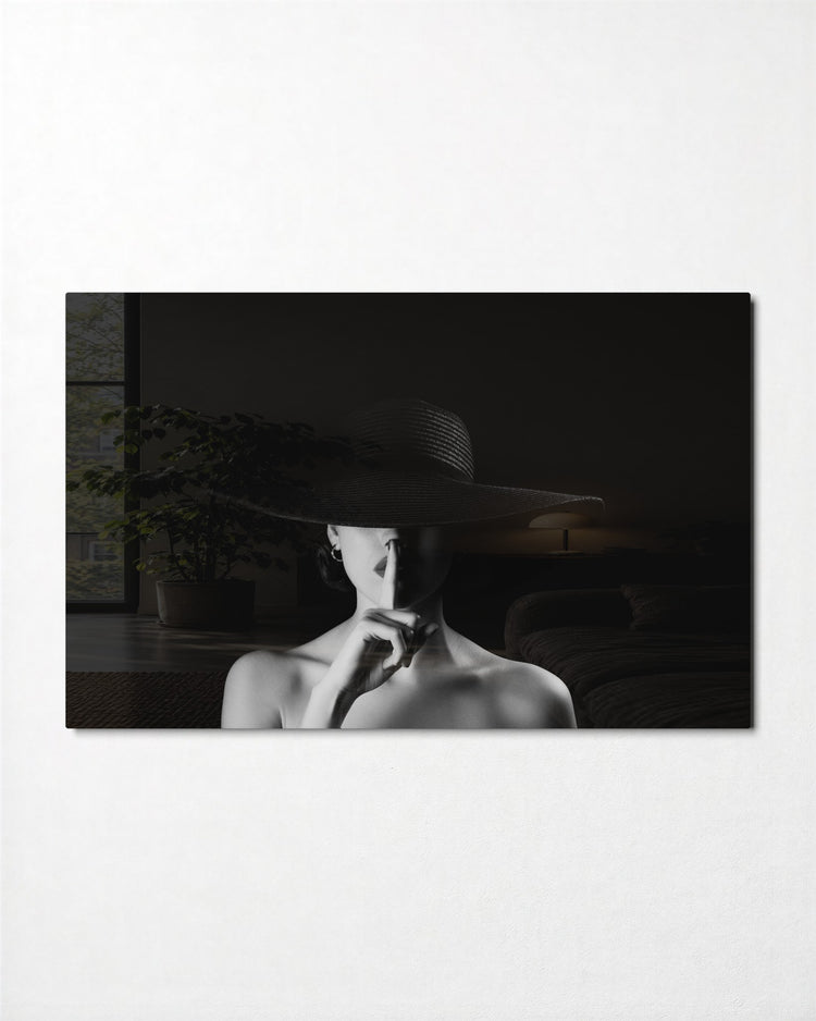 Hush in a Wide Hat glass wall art, front view