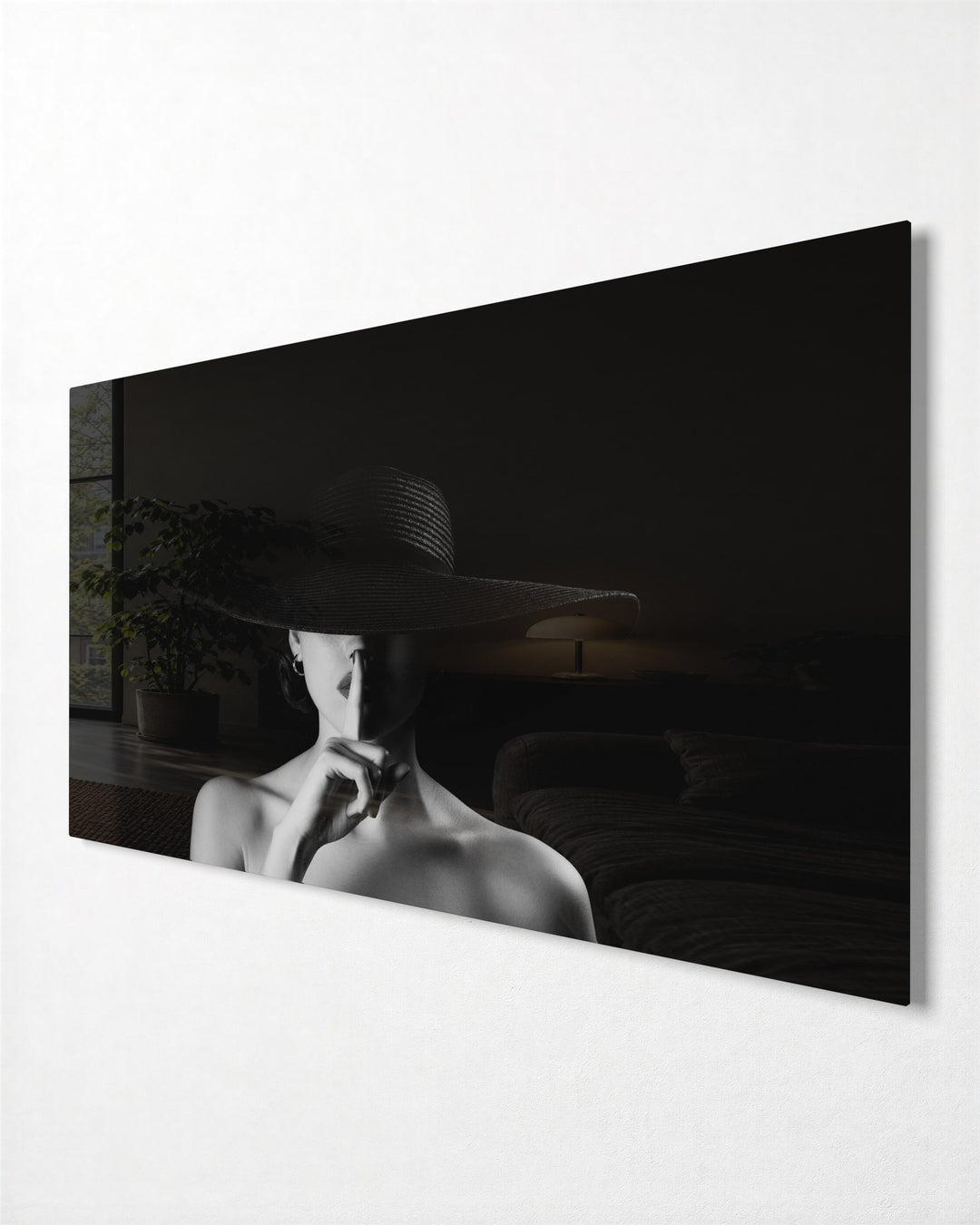 Hush in a Wide Hat glass wall art, side view