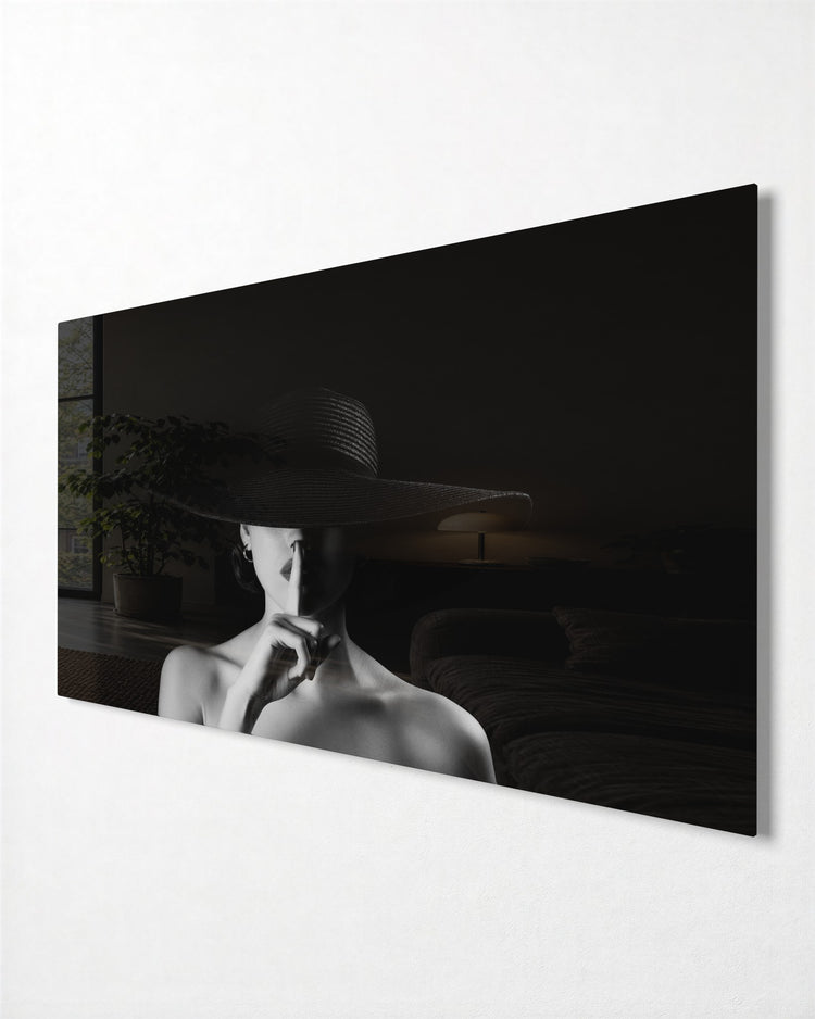 Hush in a Wide Hat glass wall art, side view