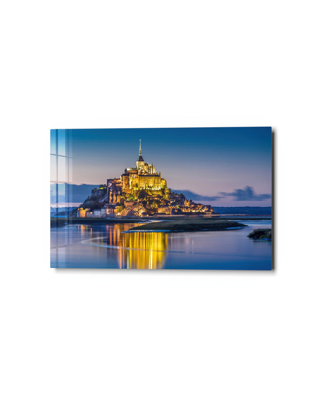 Island Abbey at Blue Hour glass wall art, studio view