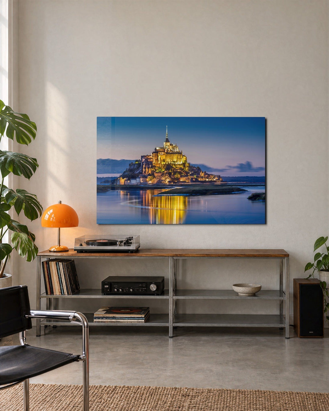 Island Abbey at Blue Hour glass wall art, lifestyle view