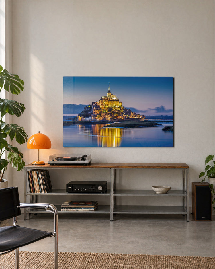 Island Abbey at Blue Hour glass wall art, lifestyle view