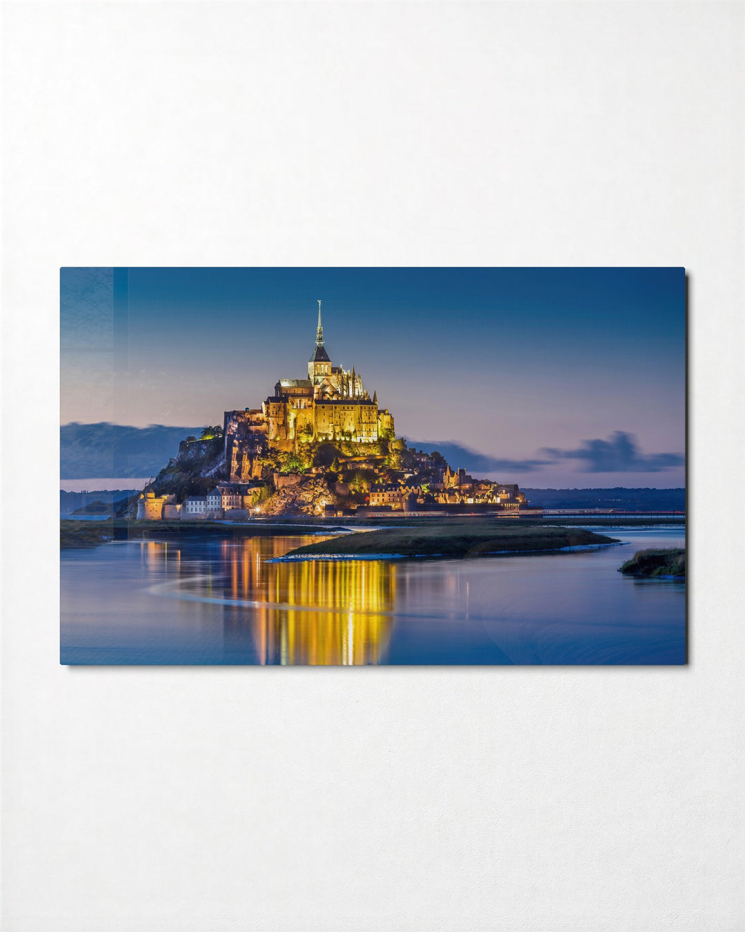 Island Abbey at Blue Hour glass wall art, front view