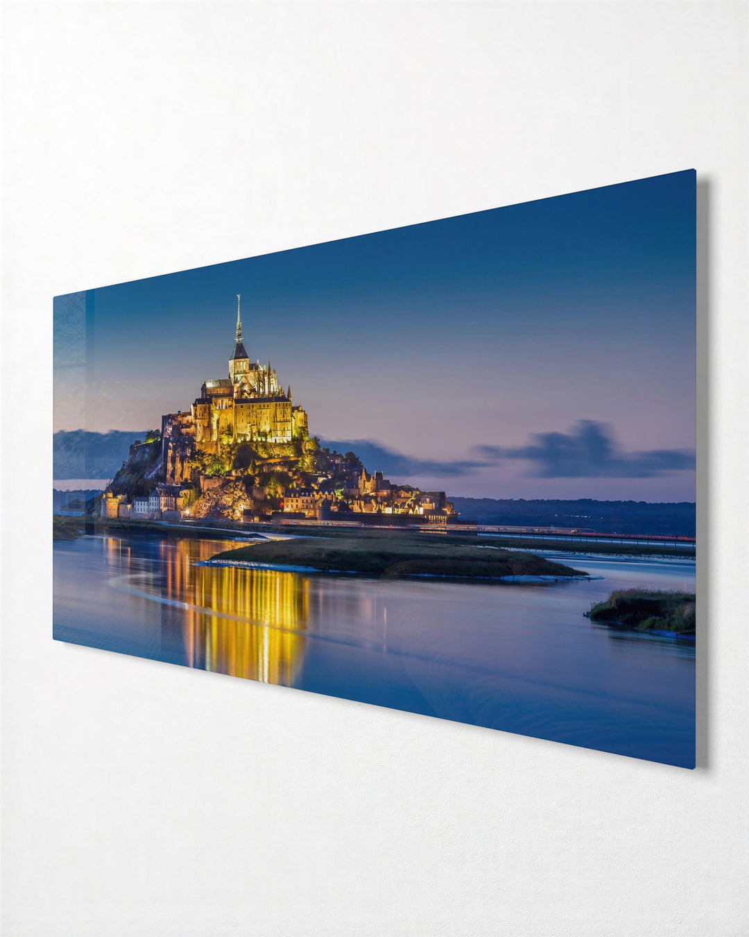 Island Abbey at Blue Hour glass wall art, side view