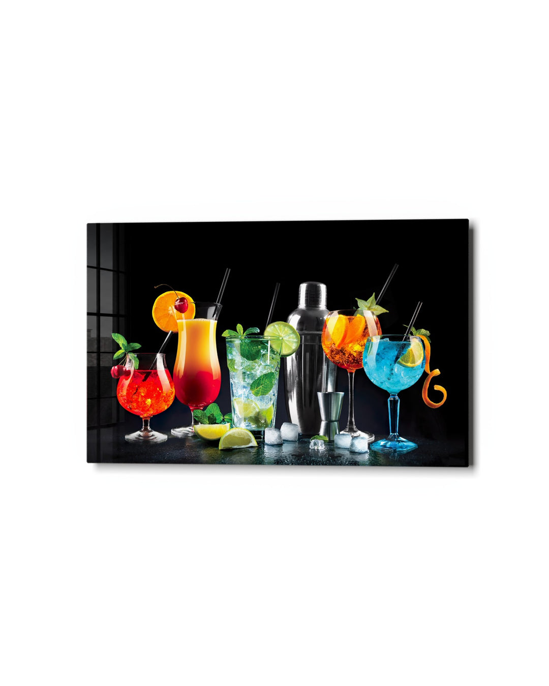 Cocktail Hour Lineup glass wall art, studio view