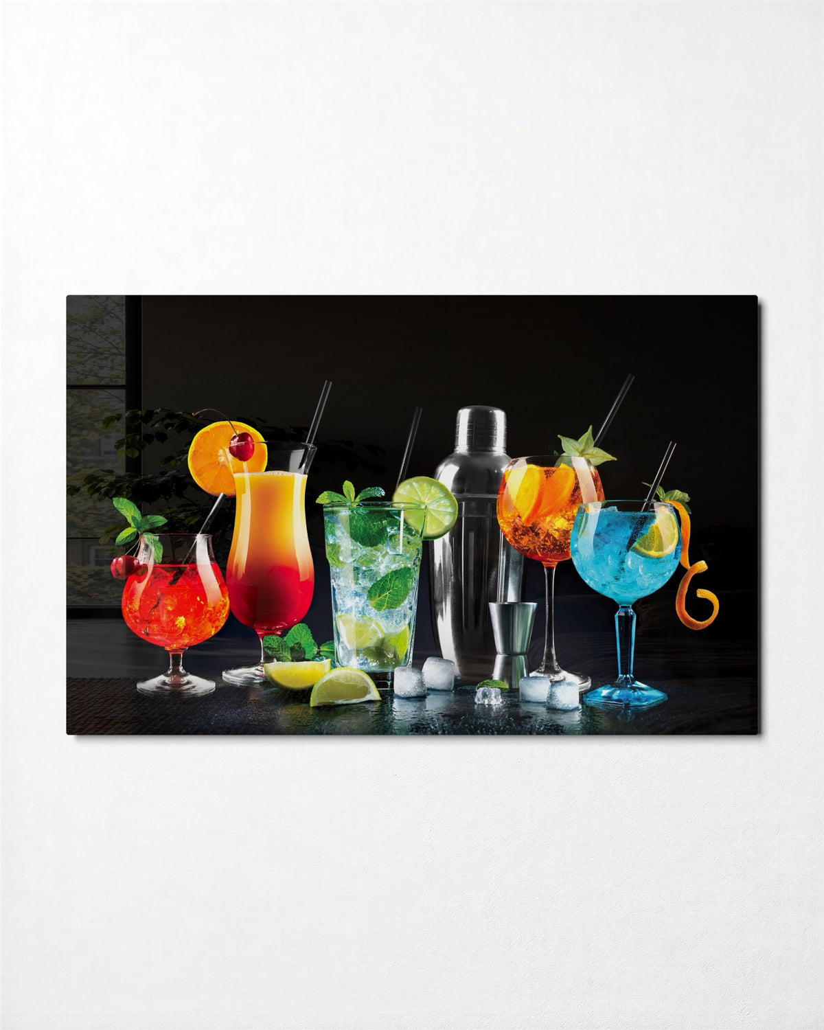 Cocktail Hour Lineup glass wall art, front view